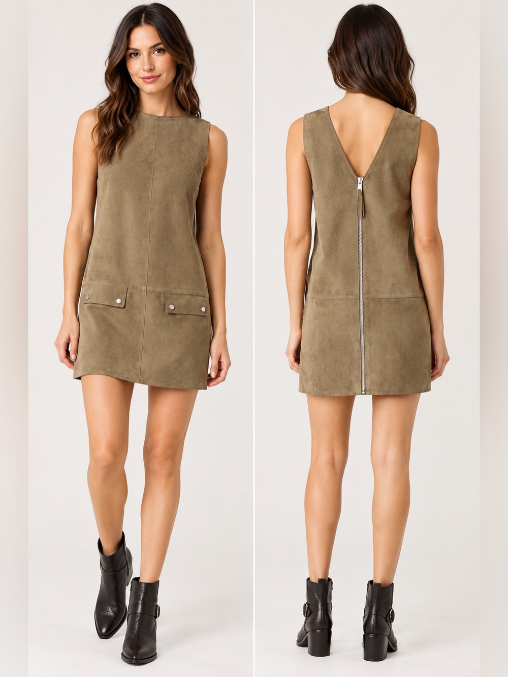 AllSaints Huckberry 100% Goat Suede Leather Dress Brown/Olive Sleeveless Size 0